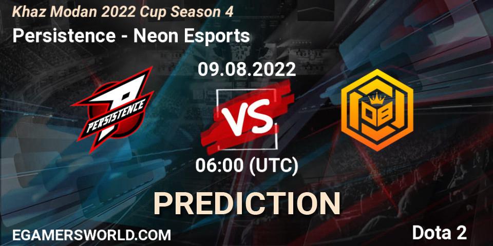 Prognose für das Spiel Persistence VS Neon Esports. 09.08.2022 at 06:00. Dota 2 - Khaz Modan 2022 Cup Season 4