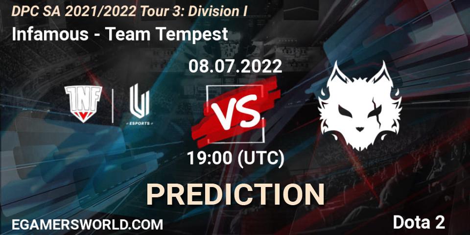 Prognose für das Spiel Infamous VS Team Tempest. 08.07.2022 at 20:33. Dota 2 - DPC SA 2021/2022 Tour 3: Division I