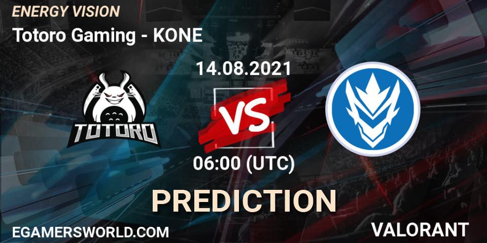 Prognose für das Spiel Totoro Gaming VS KONE. 14.08.2021 at 06:00. VALORANT - ENERGY VISION