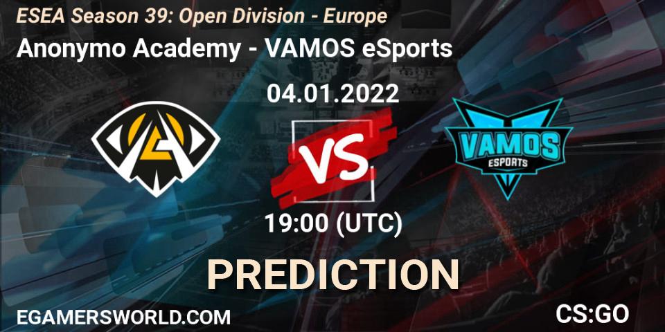 Prognose für das Spiel Anonymo Academy VS VAMOS eSports. 04.01.2022 at 19:00. Counter-Strike (CS2) - ESEA Season 39: Open Division - Europe