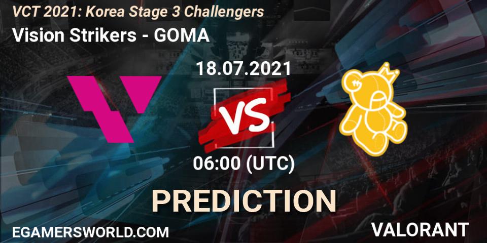 Prognose für das Spiel Vision Strikers VS GOMA. 18.07.2021 at 06:00. VALORANT - VCT 2021: Korea Stage 3 Challengers