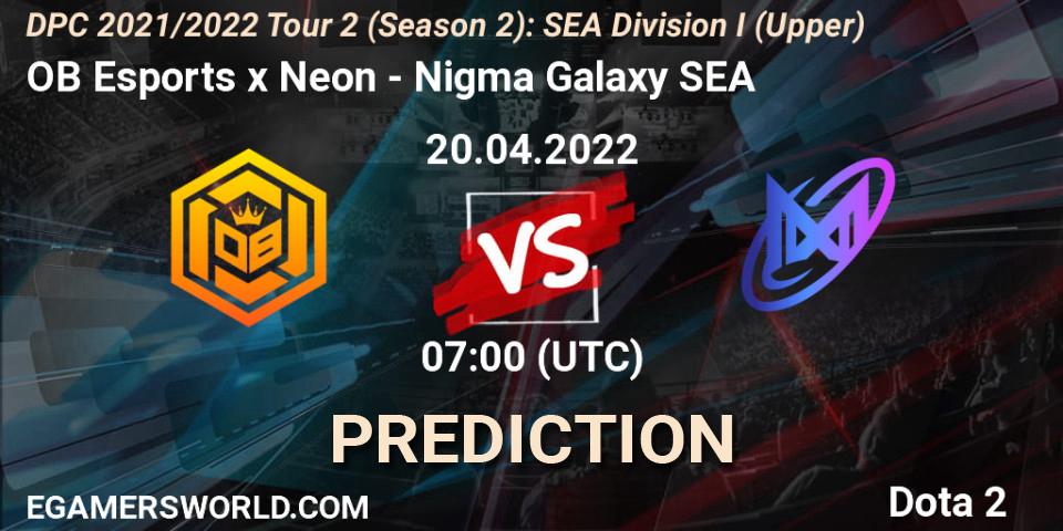 Prognose für das Spiel OB Esports x Neon VS Nigma Galaxy SEA. 20.04.22. Dota 2 - DPC 2021/2022 Tour 2 (Season 2): SEA Division I (Upper)