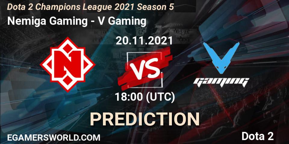 Prognose für das Spiel Nemiga Gaming VS V Gaming. 20.11.2021 at 18:41. Dota 2 - Dota 2 Champions League 2021 Season 5
