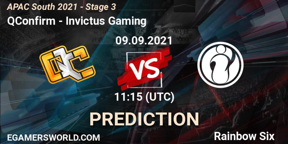Prognose für das Spiel QConfirm VS Invictus Gaming. 09.09.2021 at 11:15. Rainbow Six - APAC South 2021 - Stage 3