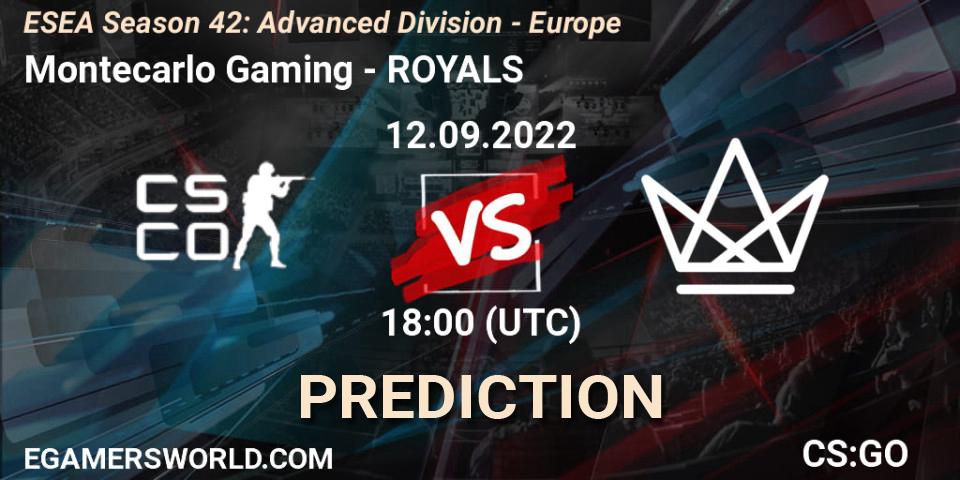 Prognose für das Spiel Montecarlo Gaming VS ROYALS. 12.09.2022 at 18:00. Counter-Strike (CS2) - ESEA Season 42: Advanced Division - Europe
