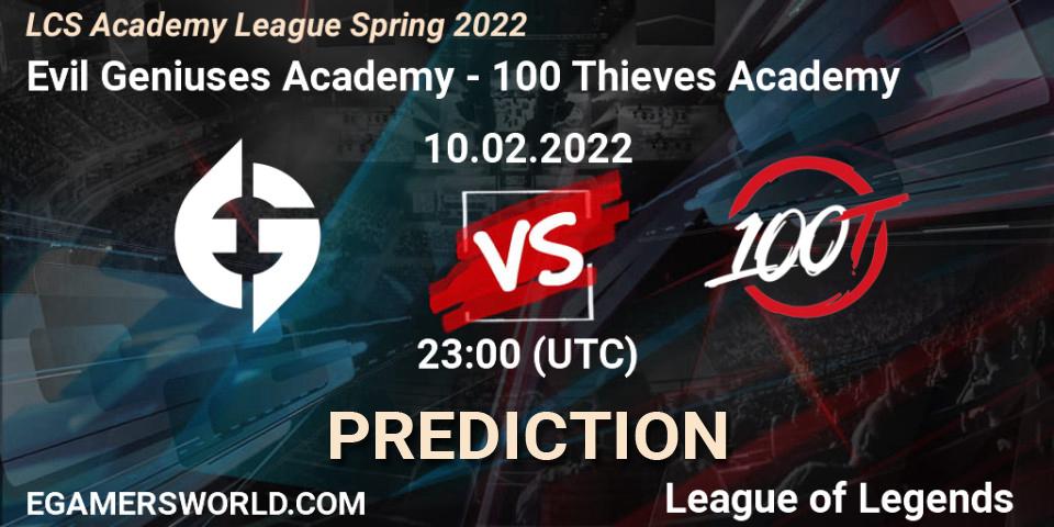 Prognose für das Spiel Evil Geniuses Academy VS 100 Thieves Academy. 10.02.2022 at 23:00. LoL - LCS Academy League Spring 2022