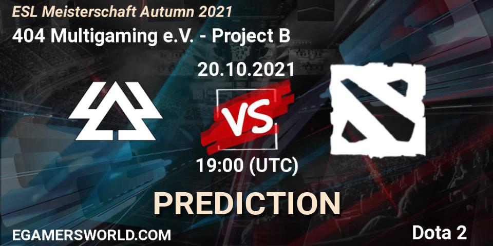 Prognose für das Spiel 404 Multigaming e.V. VS Project B. 20.10.2021 at 19:18. Dota 2 - ESL Meisterschaft Autumn 2021
