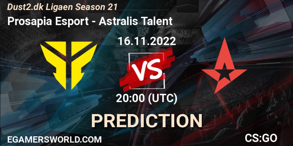 Prognose für das Spiel Prosapia Esport VS Astralis Talent. 16.11.2022 at 20:00. Counter-Strike (CS2) - Dust2.dk Ligaen Season 21