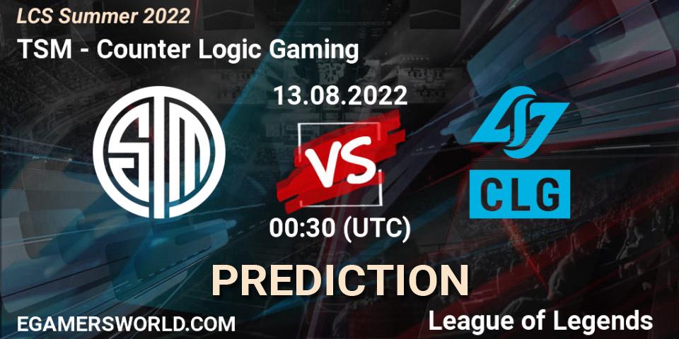 Prognose für das Spiel TSM VS Counter Logic Gaming. 13.08.22. LoL - LCS Summer 2022
