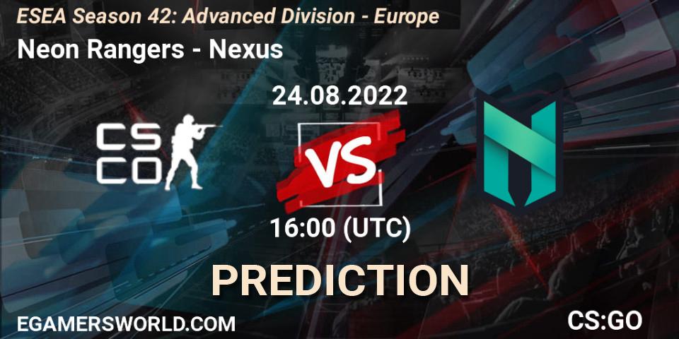 Prognose für das Spiel Neon Rangers VS Nexus. 24.08.2022 at 16:00. Counter-Strike (CS2) - ESEA Season 42: Advanced Division - Europe