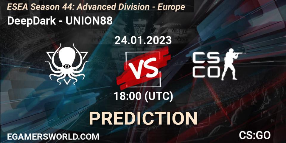 Prognose für das Spiel DeepDark VS UNION88. 24.01.2023 at 18:00. Counter-Strike (CS2) - ESEA Season 44: Advanced Division - Europe