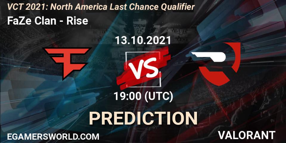 Prognose für das Spiel FaZe Clan VS Rise. 27.10.21. VALORANT - VCT 2021: North America Last Chance Qualifier
