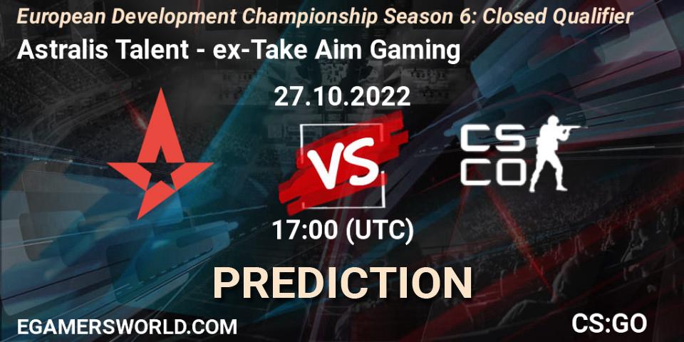 Prognose für das Spiel Astralis Talent VS ex-Take Aim Gaming. 27.10.2022 at 17:00. Counter-Strike (CS2) - European Development Championship Season 6: Closed Qualifier