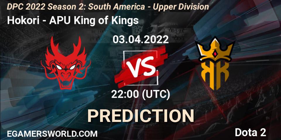 Prognose für das Spiel Hokori VS APU King of Kings. 03.04.22. Dota 2 - DPC 2021/2022 Tour 2 (Season 2): SA Division I (Upper)