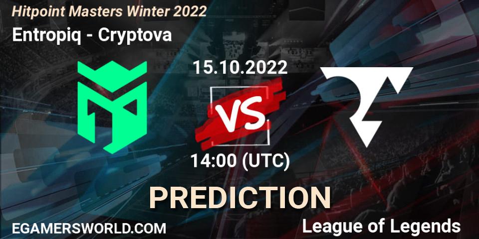 Prognose für das Spiel Entropiq VS Cryptova. 16.10.2022 at 13:50. LoL - Hitpoint Masters Winter 2022