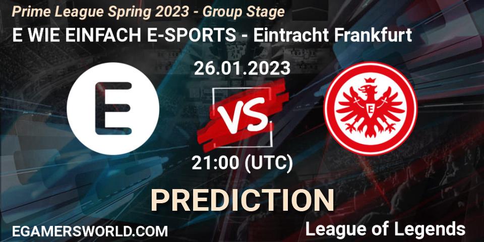 Prognose für das Spiel E WIE EINFACH E-SPORTS VS Eintracht Frankfurt. 26.01.2023 at 21:00. LoL - Prime League Spring 2023 - Group Stage
