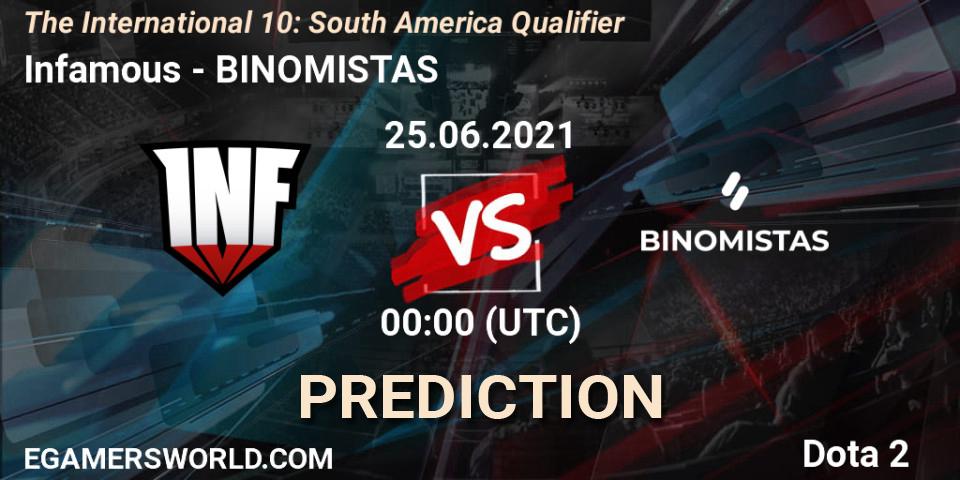 Prognose für das Spiel Infamous VS BINOMISTAS. 24.06.2021 at 22:37. Dota 2 - The International 10: South America Qualifier
