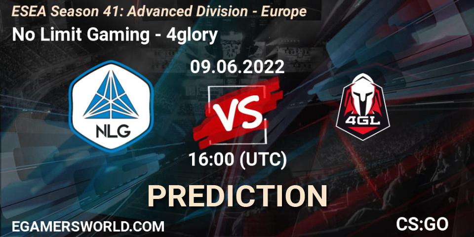 Prognose für das Spiel No Limit Gaming VS 4glory. 09.06.2022 at 16:00. Counter-Strike (CS2) - ESEA Season 41: Advanced Division - Europe
