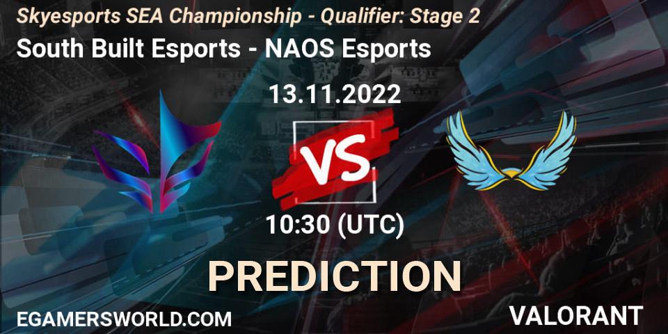 Prognose für das Spiel South Built Esports VS NAOS Esports. 13.11.2022 at 10:30. VALORANT - Skyesports SEA Championship - Qualifier: Stage 2