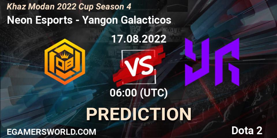 Prognose für das Spiel Neon Esports VS Yangon Galacticos. 17.08.2022 at 06:00. Dota 2 - Khaz Modan 2022 Cup Season 4