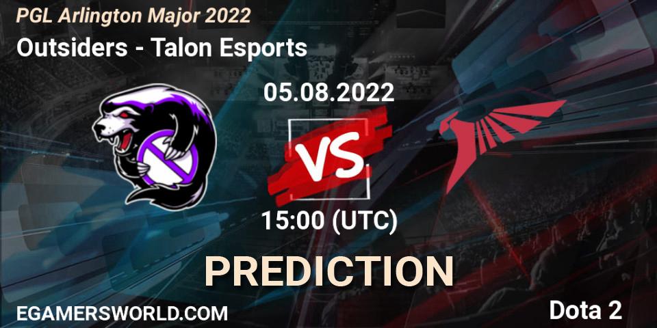 Prognose für das Spiel Outsiders VS Talon Esports. 05.08.2022 at 15:05. Dota 2 - PGL Arlington Major 2022 - Group Stage