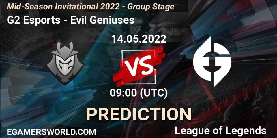 Prognose für das Spiel G2 Esports VS Evil Geniuses. 14.05.2022 at 09:00. LoL - Mid-Season Invitational 2022 - Group Stage