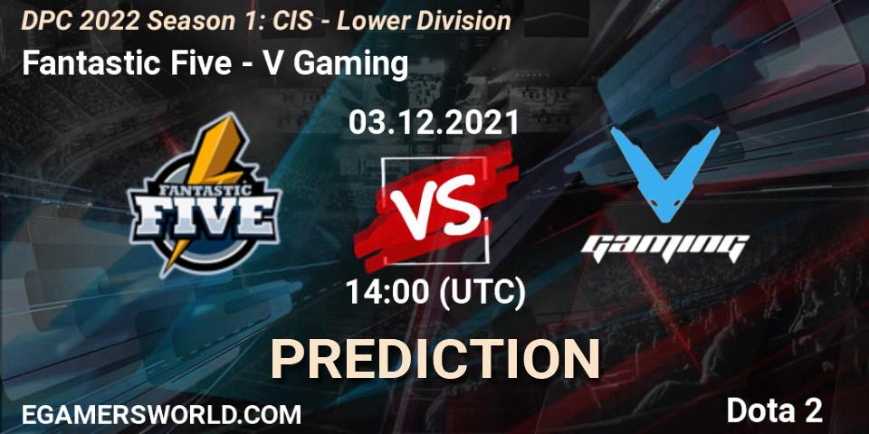 Prognose für das Spiel Fantastic Five VS V Gaming. 03.12.2021 at 14:00. Dota 2 - DPC 2022 Season 1: CIS - Lower Division