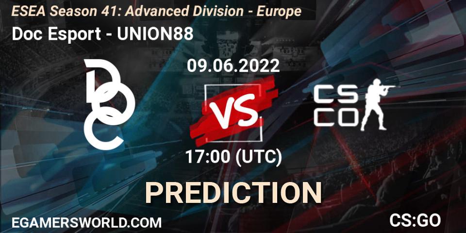 Prognose für das Spiel Doc Esport VS UNION88. 09.06.2022 at 17:00. Counter-Strike (CS2) - ESEA Season 41: Advanced Division - Europe