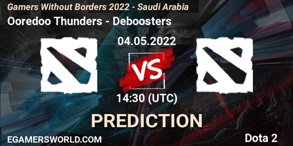 Prognose für das Spiel Ooredoo Thunders VS Deboosters. 04.05.2022 at 14:48. Dota 2 - Gamers Without Borders 2022 - Saudi Arabia