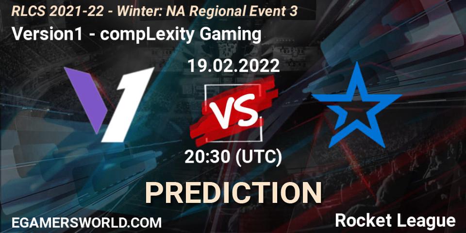 Prognose für das Spiel Version1 VS compLexity Gaming. 19.02.2022 at 20:30. Rocket League - RLCS 2021-22 - Winter: NA Regional Event 3