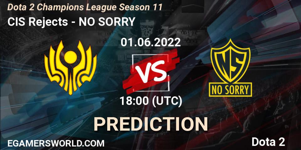 Prognose für das Spiel CIS Rejects VS NO SORRY. 01.06.2022 at 12:00. Dota 2 - Dota 2 Champions League Season 11