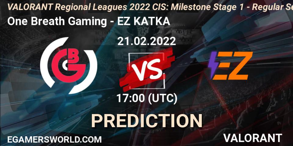 Prognose für das Spiel One Breath Gaming VS EZ KATKA. 21.02.2022 at 18:30. VALORANT - VALORANT Regional Leagues 2022 CIS: Milestone Stage 1 - Regular Season