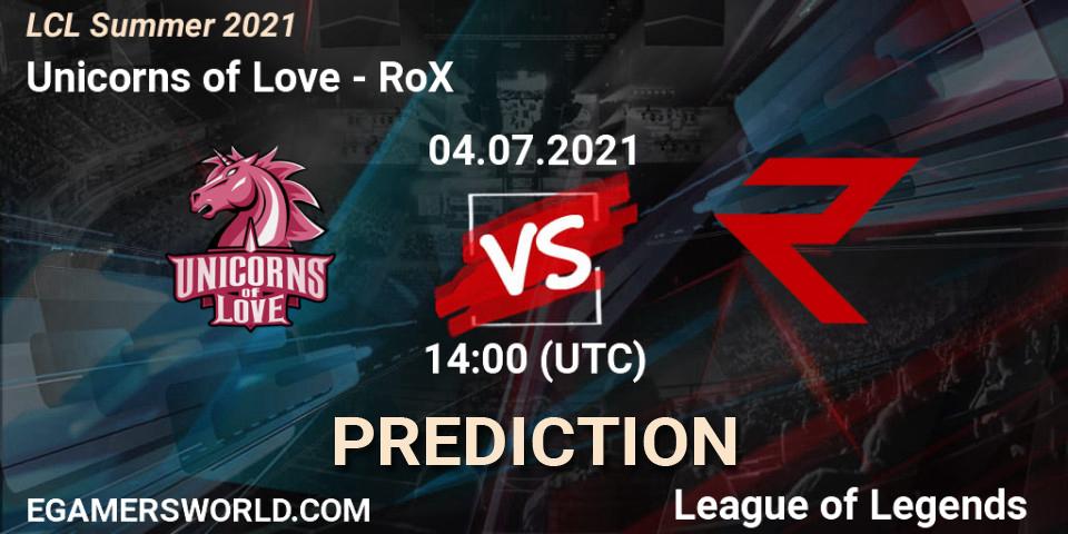Prognose für das Spiel Unicorns of Love VS RoX. 04.07.21. LoL - LCL Summer 2021