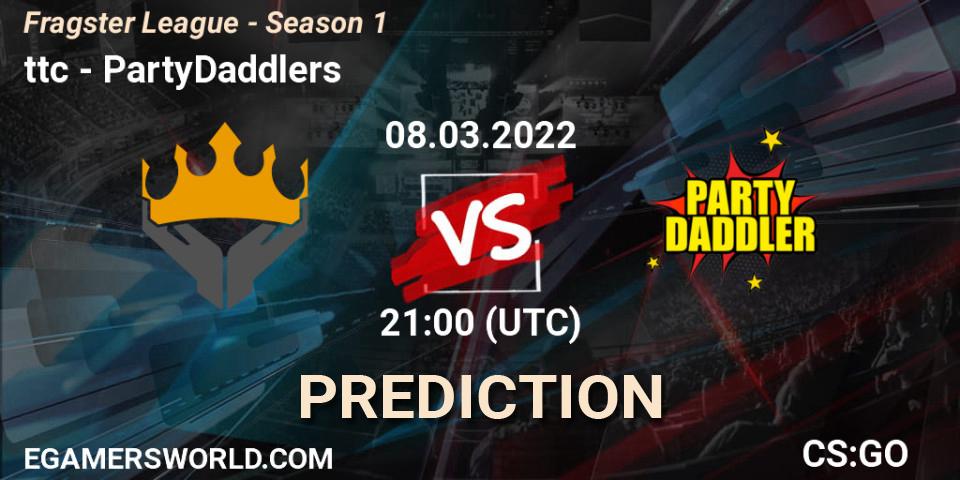 Prognose für das Spiel ttc VS PartyDaddlers. 17.03.2022 at 17:00. Counter-Strike (CS2) - Fragster League - Season 1