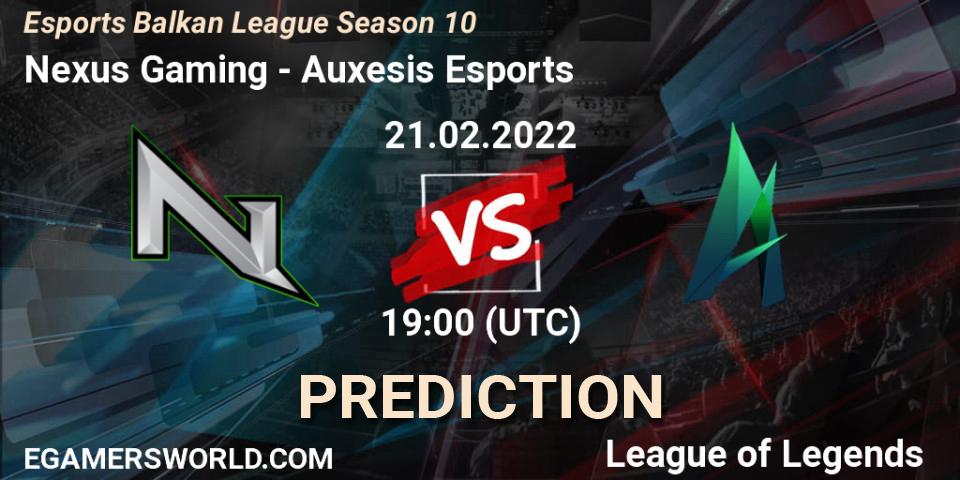 Prognose für das Spiel Nexus Gaming VS Auxesis Esports. 21.02.2022 at 19:00. LoL - Esports Balkan League Season 10