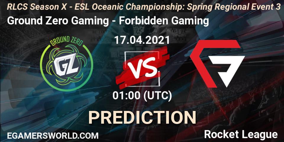 Prognose für das Spiel Ground Zero Gaming VS Forbidden Gaming. 17.04.2021 at 02:00. Rocket League - RLCS Season X - ESL Oceanic Championship: Spring Regional Event 3
