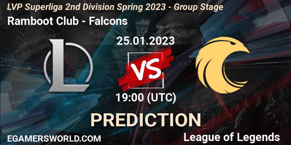 Prognose für das Spiel Ramboot Club VS Falcons. 25.01.2023 at 19:00. LoL - LVP Superliga 2nd Division Spring 2023 - Group Stage