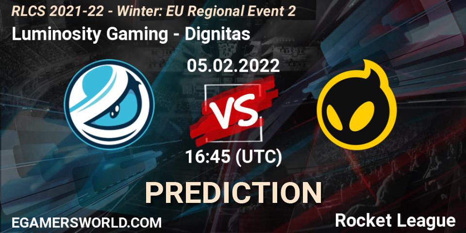Prognose für das Spiel Luminosity Gaming VS Dignitas. 05.02.22. Rocket League - RLCS 2021-22 - Winter: EU Regional Event 2