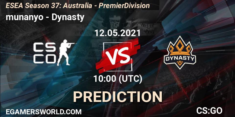 Prognose für das Spiel munanyo VS Dynasty. 12.05.2021 at 10:00. Counter-Strike (CS2) - ESEA Season 37: Australia - Premier Division
