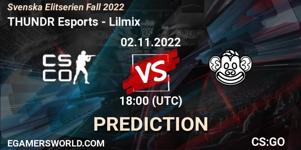 Prognose für das Spiel THUNDR Esports VS Lilmix. 02.11.2022 at 18:00. Counter-Strike (CS2) - Svenska Elitserien Fall 2022