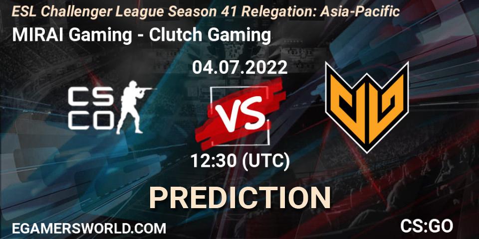 Prognose für das Spiel MIRAI Gaming VS Clutch Gaming. 04.07.2022 at 12:30. Counter-Strike (CS2) - ESL Challenger League Season 41 Relegation: Asia-Pacific
