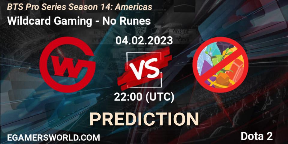 Prognose für das Spiel Wildcard Gaming VS No Runes. 04.02.23. Dota 2 - BTS Pro Series Season 14: Americas