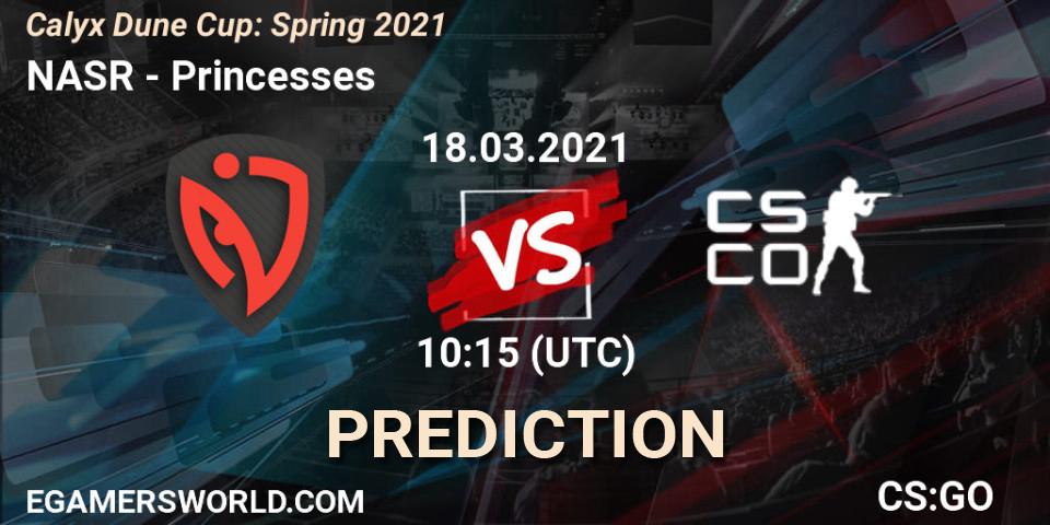 Prognose für das Spiel NASR VS Princesses. 18.03.2021 at 10:15. Counter-Strike (CS2) - Calyx Dune Cup: Spring 2021