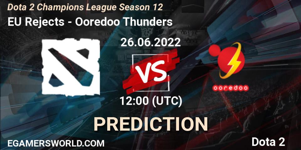 Prognose für das Spiel EU Rejects VS Ooredoo Thunders. 26.06.2022 at 12:00. Dota 2 - Dota 2 Champions League Season 12