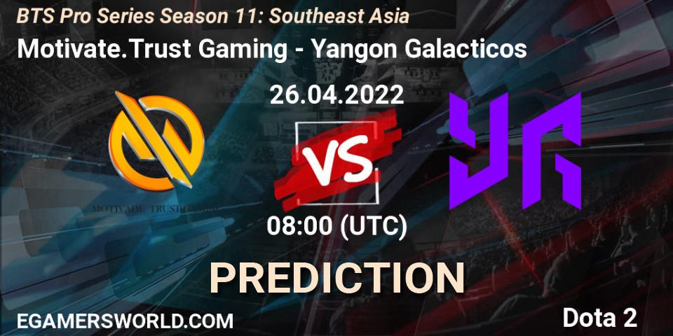 Prognose für das Spiel Motivate.Trust Gaming VS Yangon Galacticos. 26.04.2022 at 07:38. Dota 2 - BTS Pro Series Season 11: Southeast Asia