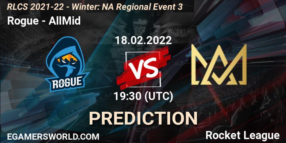 Prognose für das Spiel Rogue VS AllMid. 18.02.2022 at 19:30. Rocket League - RLCS 2021-22 - Winter: NA Regional Event 3