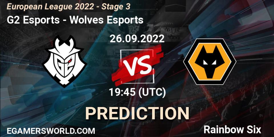 Prognose für das Spiel G2 Esports VS Wolves Esports. 26.09.2022 at 19:45. Rainbow Six - European League 2022 - Stage 3