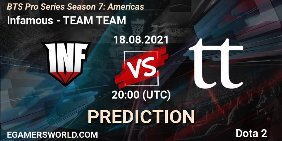 Prognose für das Spiel Infamous VS TEAM TEAM. 18.08.2021 at 23:35. Dota 2 - BTS Pro Series Season 7: Americas