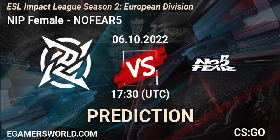 Prognose für das Spiel NIP Female VS NOFEAR5. 06.10.2022 at 17:30. Counter-Strike (CS2) - ESL Impact League Season 2: European Division