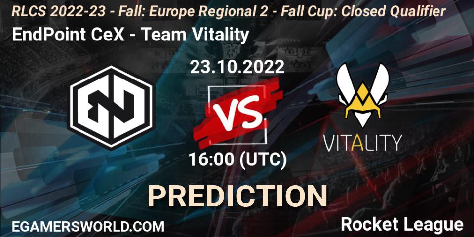 Prognose für das Spiel EndPoint CeX VS Team Vitality. 23.10.2022 at 16:00. Rocket League - RLCS 2022-23 - Fall: Europe Regional 2 - Fall Cup: Closed Qualifier